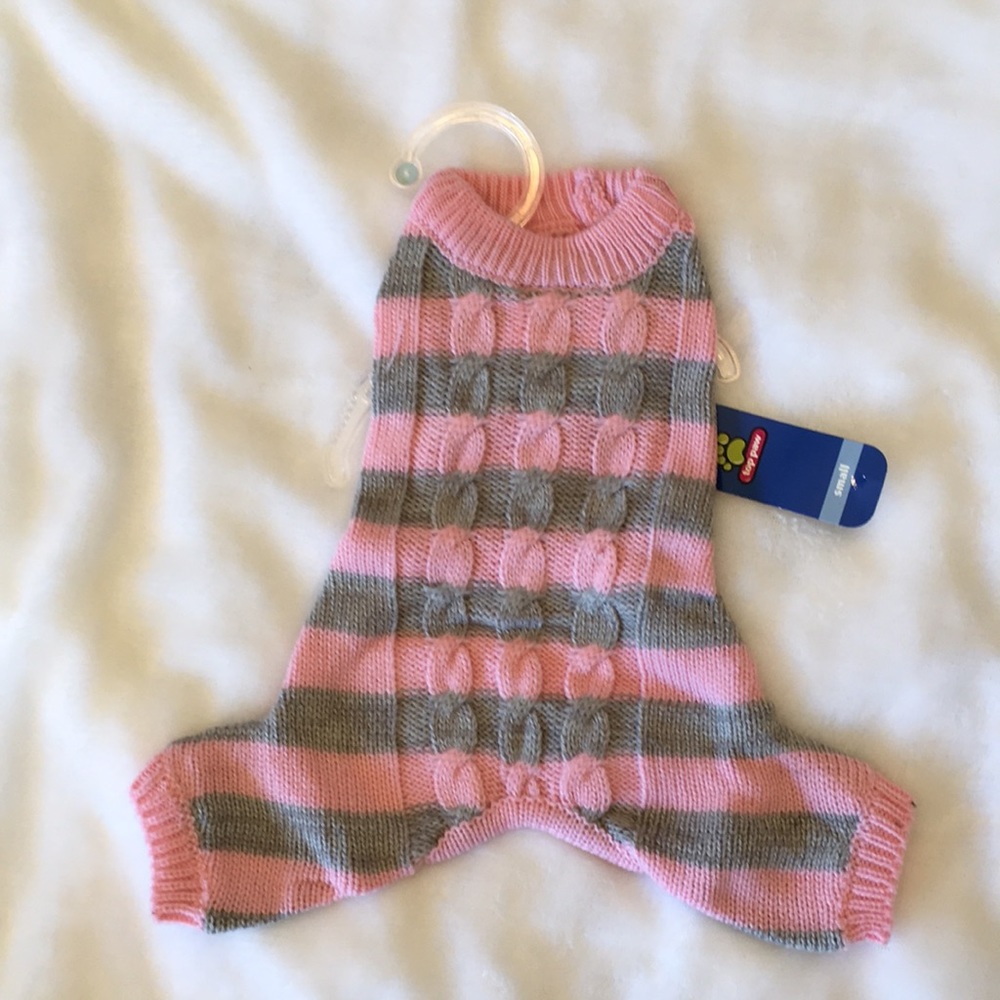 New Pink and Gray Striped Cable Neck Sweater Sm